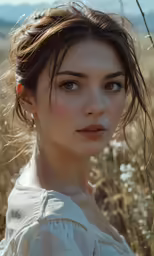 a girl wearing a white shirt in a field with tall grass
