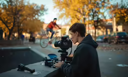 a boy is taking his picture on a tripod near an unknown object