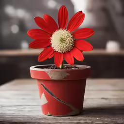 a small red flower is in the pot