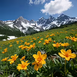 yellow flowers on a green grass field with mountain peaks in the background