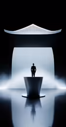 a man stands in a futuristic white structure