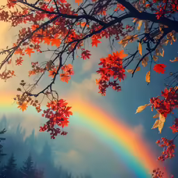 a rainbow is visible as the sun sets in the sky above trees