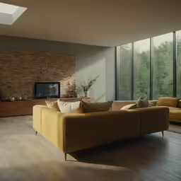a tan couch in the corner of an empty room