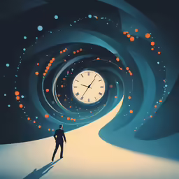 a man in business suit standing in front of a circular clock