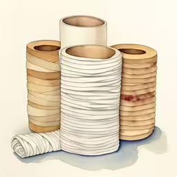 a stack of wooden discs with a roll of white paper,a pile of paper rolls on top of each other