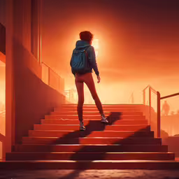 a young woman walks up stairs into an orange sunset,a person with a backpack is on stairs in an orange sky