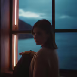 a beautiful young woman sitting in front of a window
