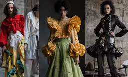 four women in victorian clothing all dressed in different colors