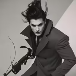 man with weapon in black and white photo