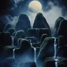 a foggy landscape with a full moon and trees in the background