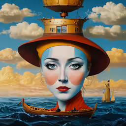 the woman in a hat has an orange jacket and is next to a sailboat,a surreal portrait of a woman and a floating ship