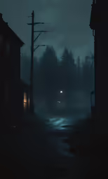 a street at night that is dark with lots of fog