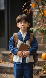 a young boy is wearing a suit and carrying a book