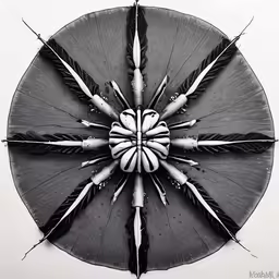 there is a black and white photo of an umbrella with feathers in it