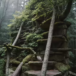 stone steps leading up to some mossy rock formation