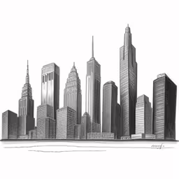 an ink drawing of a city with skyscrapers,a black and white drawing of cityscapes