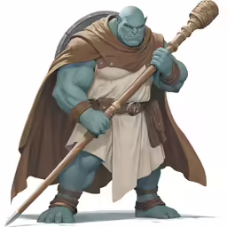 the blue man with a staff and a long white sword stands in front of a white background