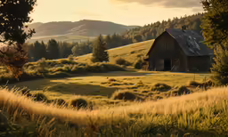 a barn in a rural pasture surrounded by mountains