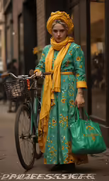 a woman in an turquoise green dress and scarf stands next to her bike on the side walk