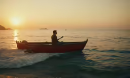 a man sits in a red boat on the ocean