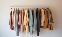 a rack of shirts and jackets hanging on a white wall
