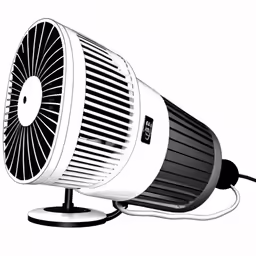 a white and black exhaust fan with a wire on the ground