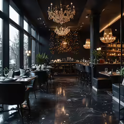 a dark restaurant has a chandelier hanging over it