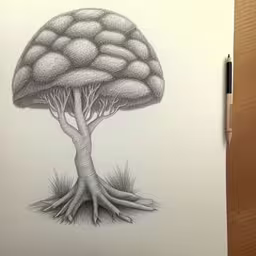 a drawing of a tree with roots under the mushroom
