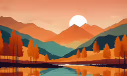a painting depicting the mountains with trees and a lake,a painting of a beautiful, landscaped lake with trees and hills in the background