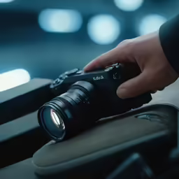 a person holding a camera over the seat of a car
