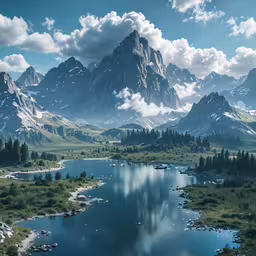 a painting of a mountain range with water and trees