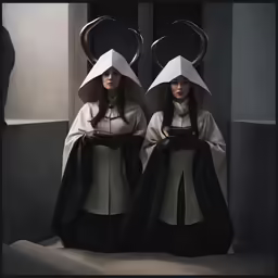 two women dressed in white outfits and black capes are standing next to each other