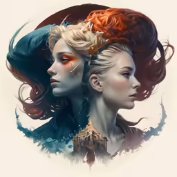 two women with headdress, one is red and the other is green
