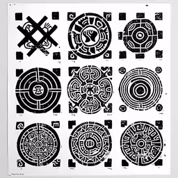 a drawing is shown with black and white circles and an odd design,a black and white image of various shapes