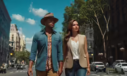 a couple is walking in the middle of a city street