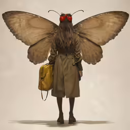 a person wearing a butterfly like outfit and holding a handbag