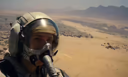 a man wearing a helmet, goggles and gas mask in the desert