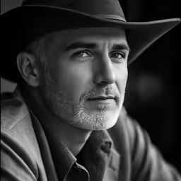 a black and white photo of a man wearing a cowboy hat