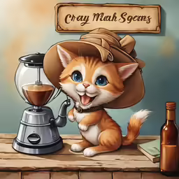 cat cartoon with coffee pot on the shelf