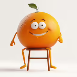 a funny cartoon orange sitting on a chair with eyes and hands,