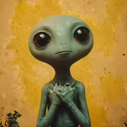 a little alien is covering his face in front of a textured wall