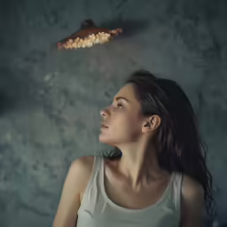 there is a female standing in front of a lamp