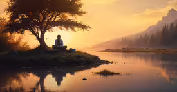 man sitting on a small island near a river during sunset,man sits on a bank of a body of water at sunset