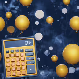 a calculator sits next to some balloons,a calculator and yellow balloons that have been falling off