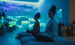 two women practicing yoga in a dimly lit room