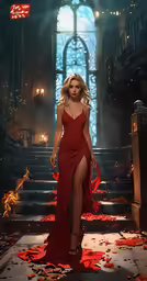 a woman in a red dress walks on a set of stairs