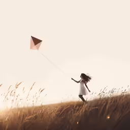 girl holding onto kite string walking along grassy field