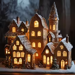 a lit holiday house sits on a table, on which it sits lite up