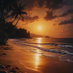 sunset, view from beach, of palm trees and waves, with sun setting