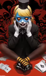 a lady in a suit sitting with a camera on her lap
